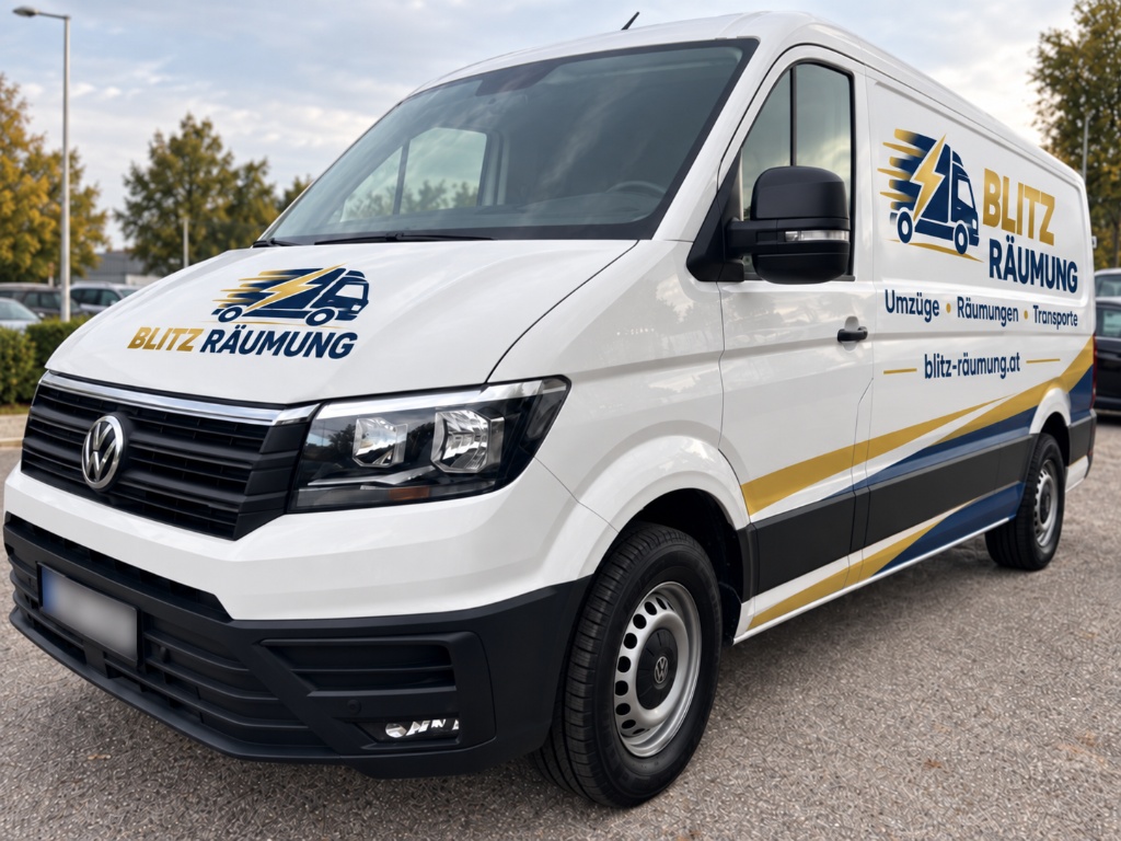 Firmenwagen von BLITZ RÄUMUNG – weißer VW Crafter mit Logo und Beschriftung Umzüge, Räumungen, Transporte